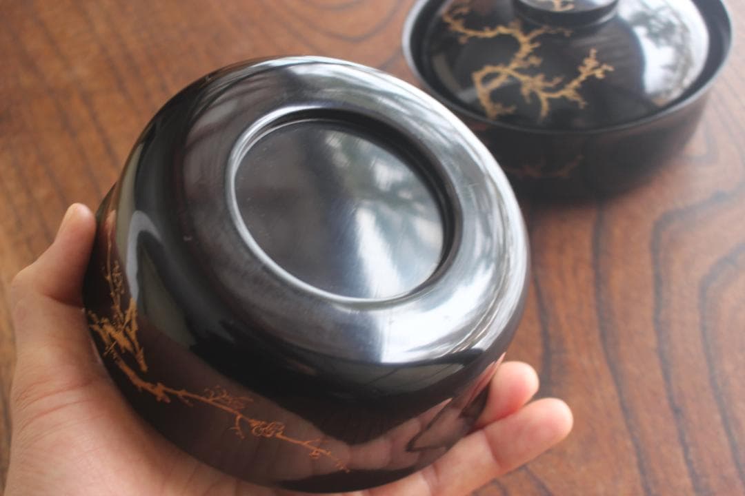 時代逸品！端正な時代黒漆に極上梅蒔絵の映える煮物椀2点（検懐石道具蒔絵椀茶道具