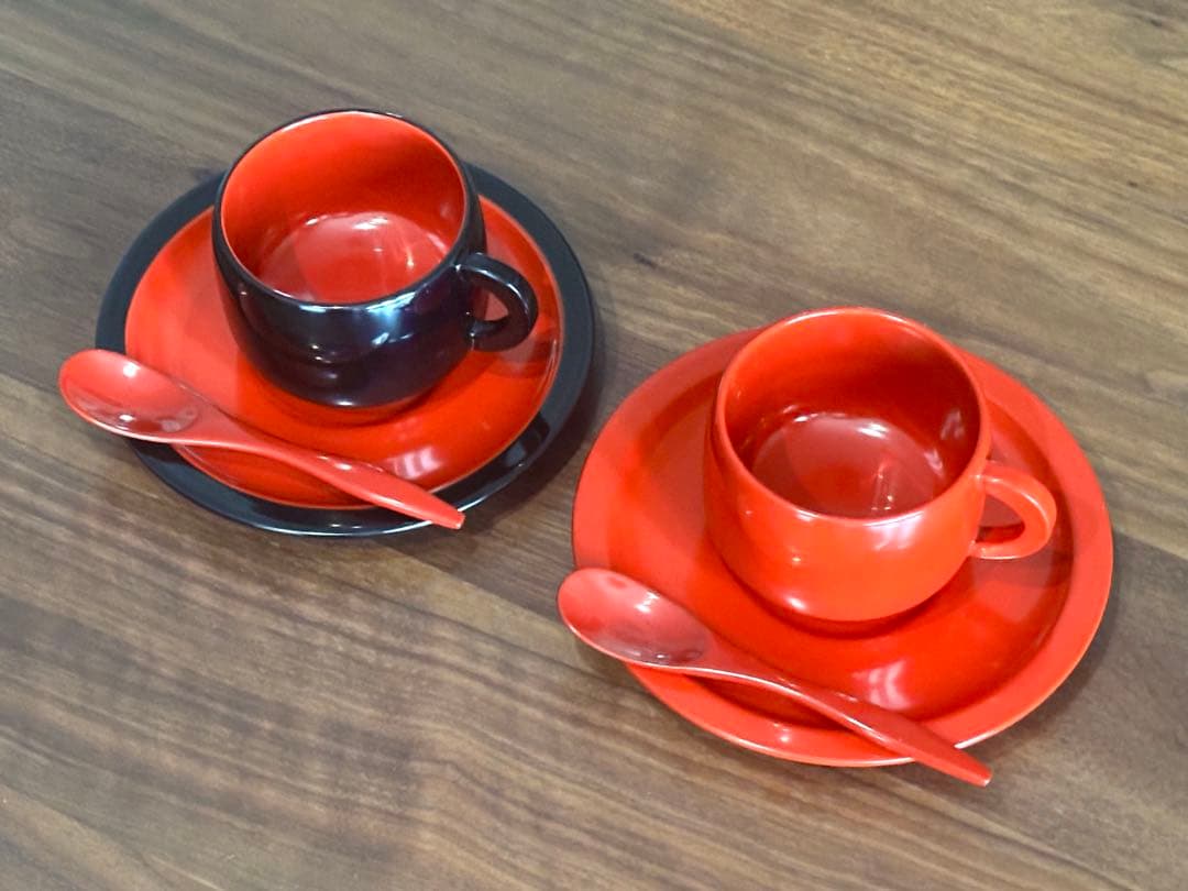沖縄工芸品 琉球漆器 コーヒーカップ &ソーサー ペアセット スプーン付き 美品
