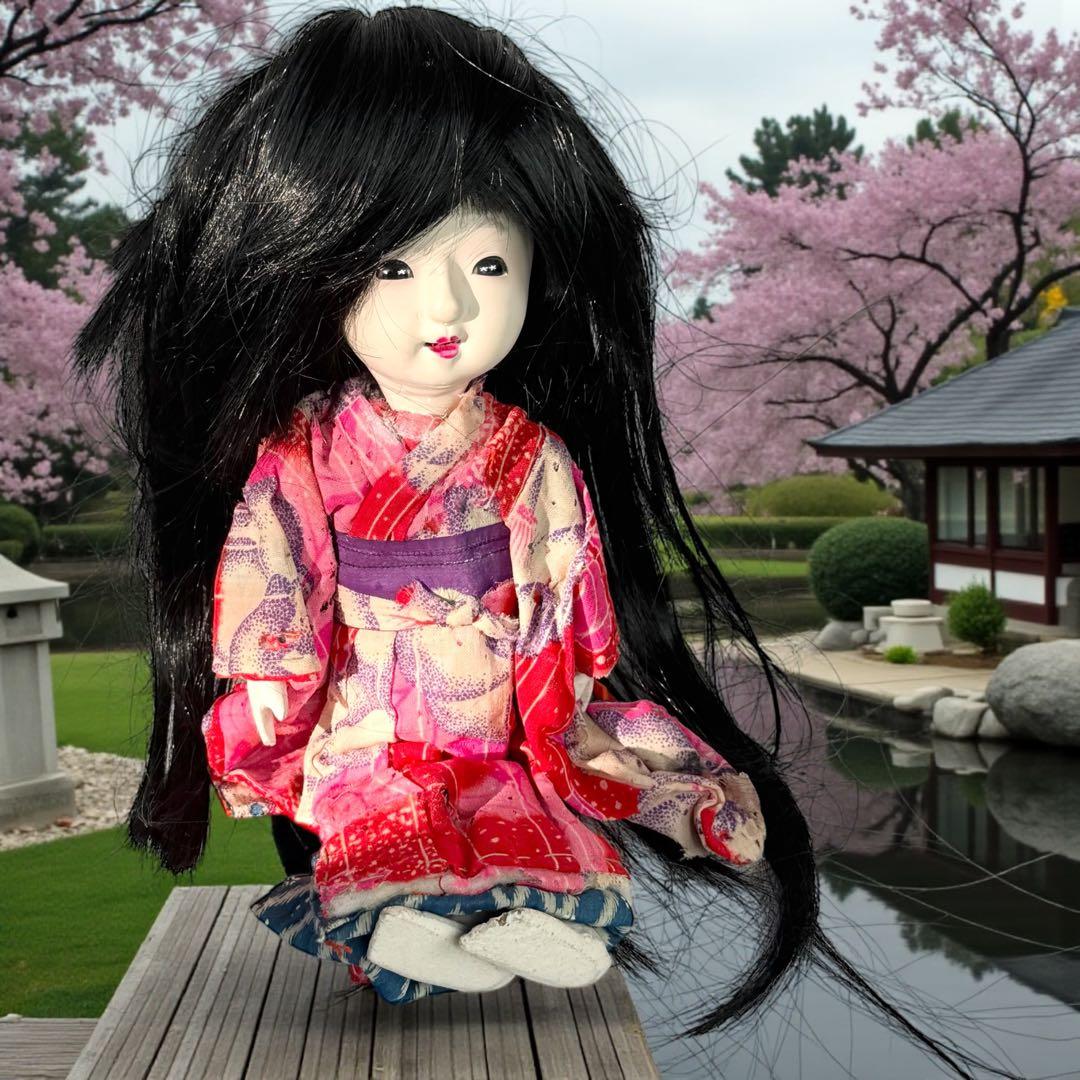 市松人形 明治後期 市印 朱印 三つ折れ 単色黒目 ガラス目 縮緬 1890年代