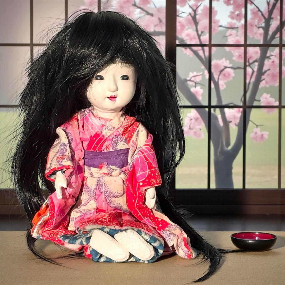 市松人形 明治後期 市印 朱印 三つ折れ 単色黒目 ガラス目 縮緬 1890年代