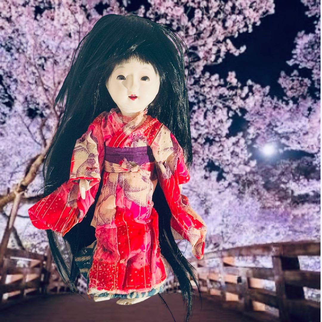 市松人形 明治後期 市印 朱印 三つ折れ 単色黒目 ガラス目 縮緬 1890年代