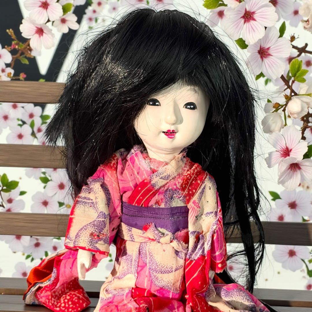 市松人形 明治後期 市印 朱印 三つ折れ 単色黒目 ガラス目 縮緬 1890年代