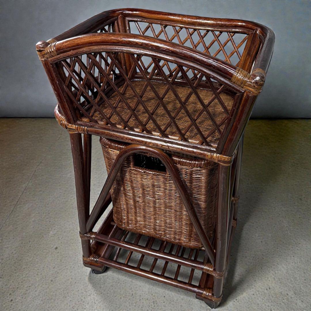 【雰囲気爆発】昭和レトロ 籐製ラタンワゴン キャスター付 脱着式バスケット