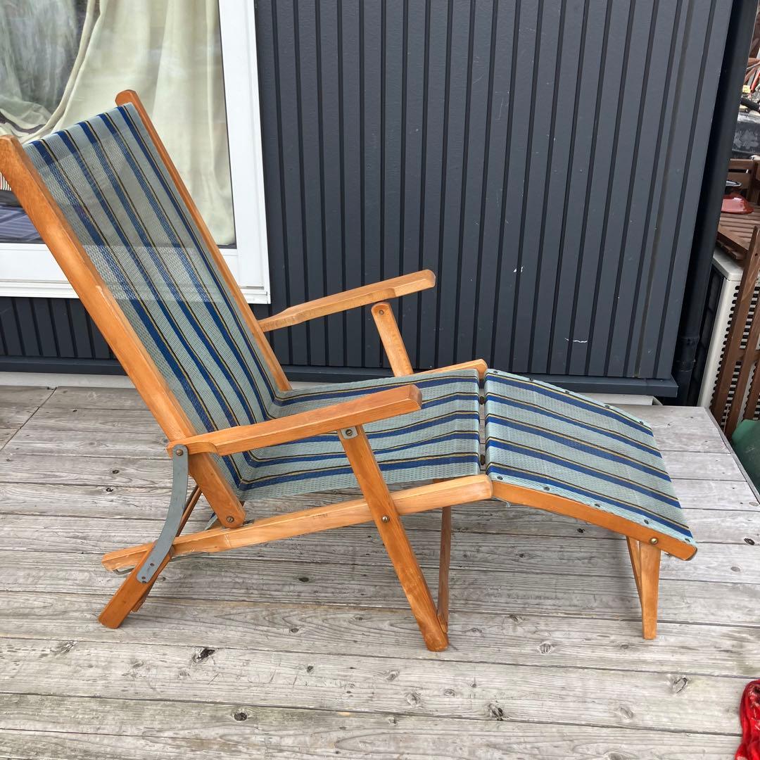 昭和レトロ 木製フレーム リクライニングチェア アウトドアチェア 折りたたみ式
