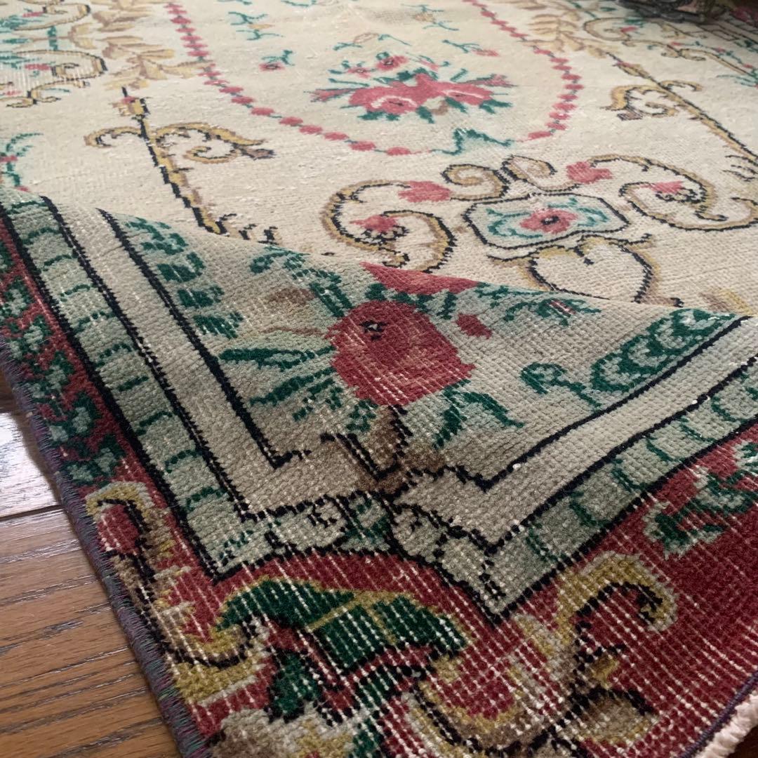 トルコヴィンテージラグ　201×106 ローズ　ボタニカル　オーバーダイ