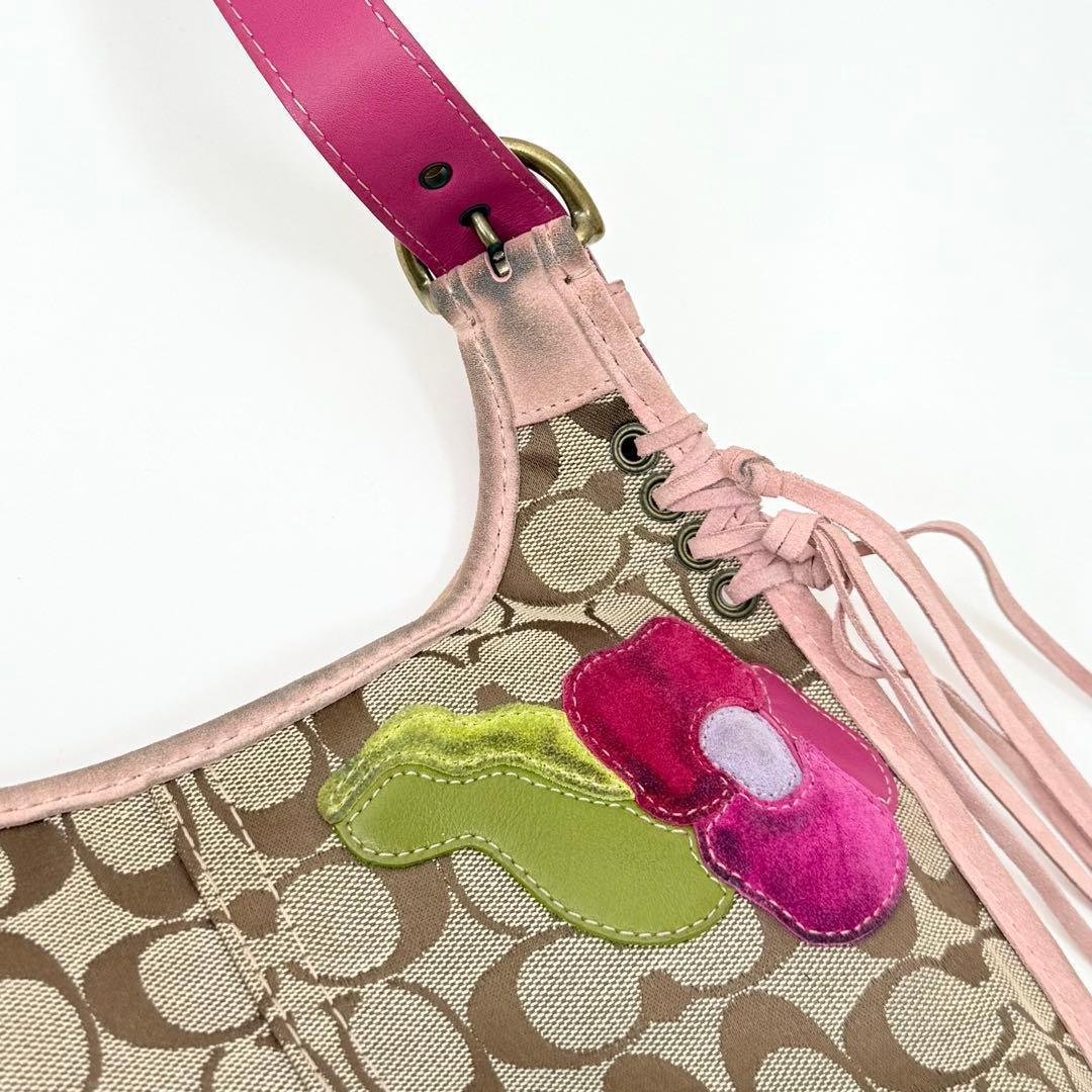 バッグ Coach Fringe Flower Applique Pink Bag
