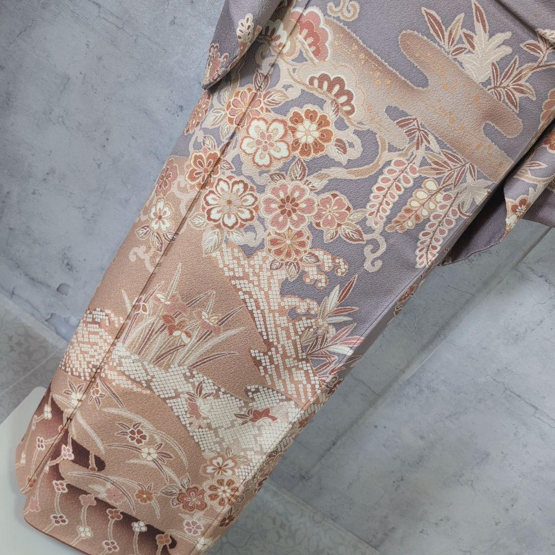 訪問着　フルセット　着物　正絹　グレー地　花　豪華　E1