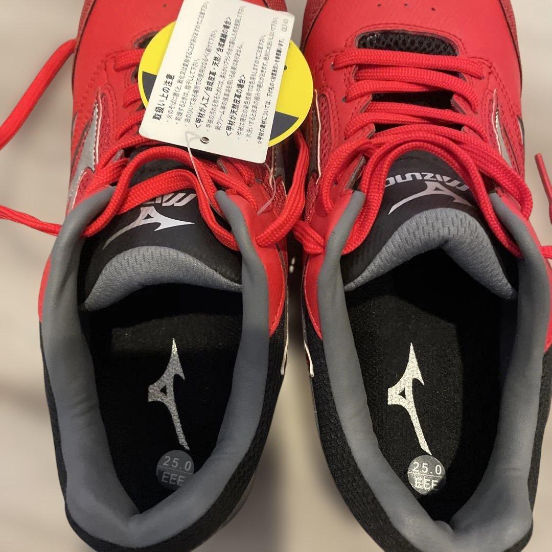 新品未使用品 Mizuno 安全靴 赤/ネイビーライム 25㌢ お得2足セット