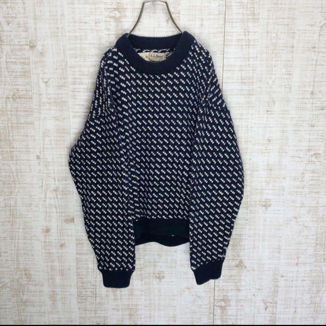70's エルエルビーン バーズアイ ニット セーター 紺 長袖 古着
