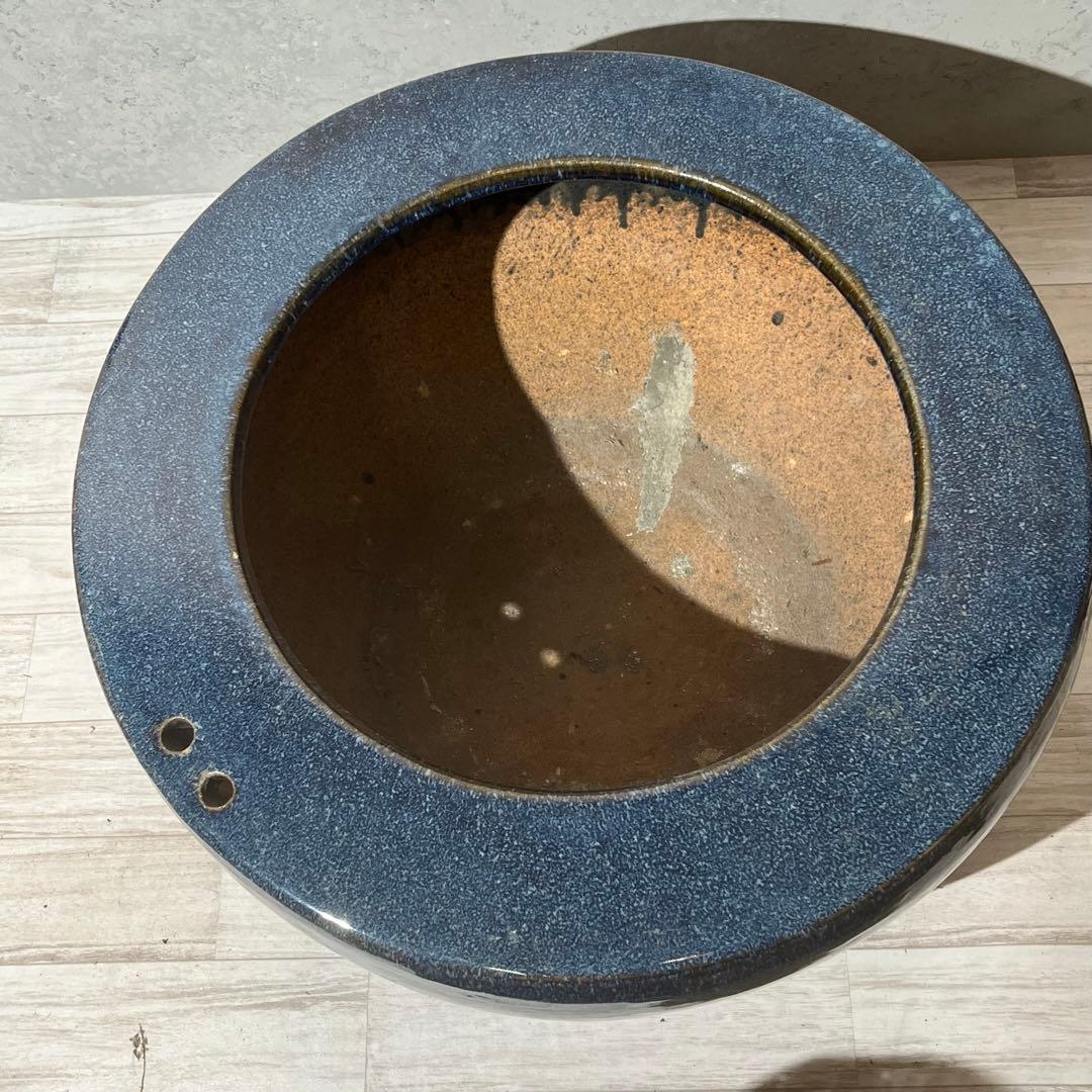 大型火鉢　ブルー　金魚鉢　焼き物　陶器　アクアリウム　大型