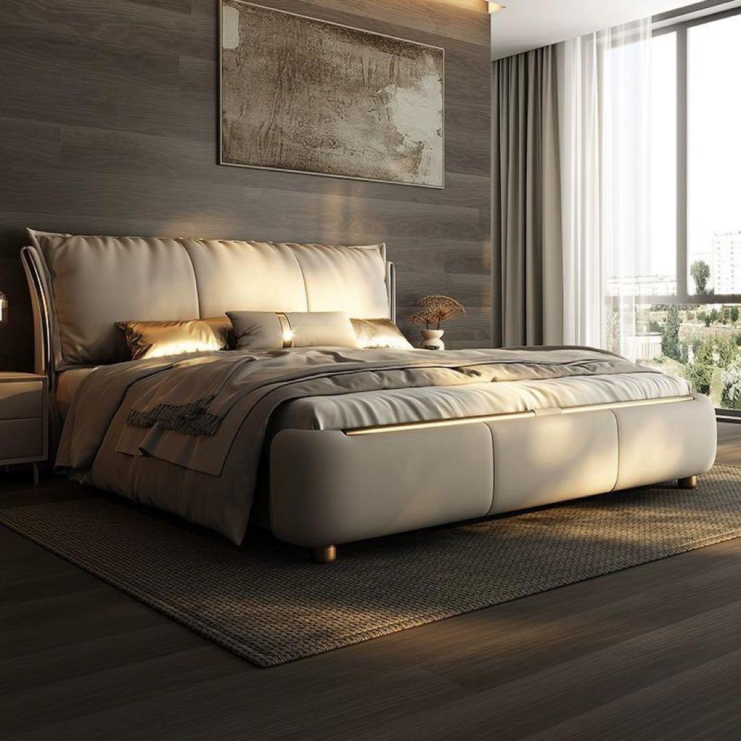 ラグジュアリー ベッド キングサイズ ベージュレザー