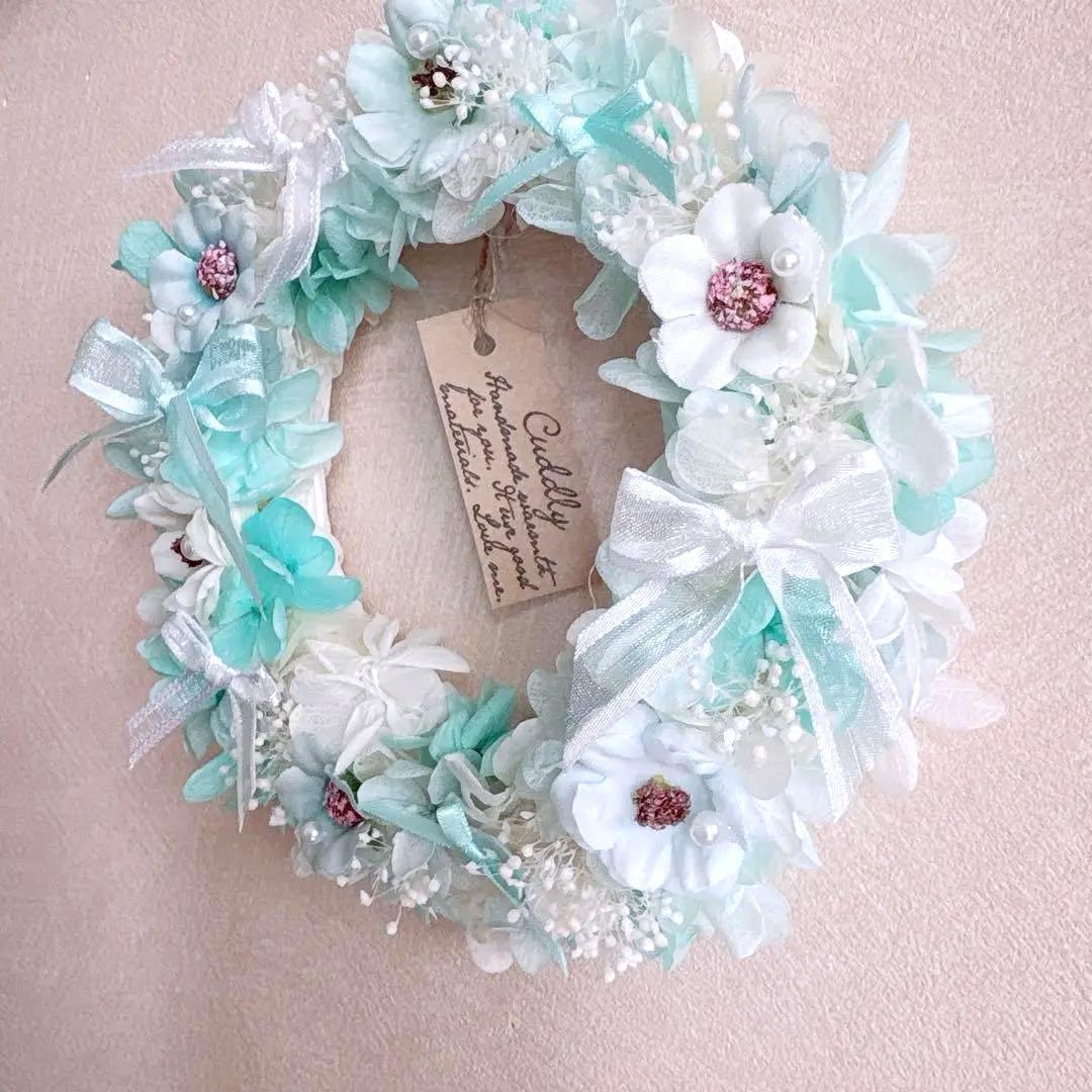 No105 ティファニー＆ホワイト♡プリザーブドフラワーあじさいたっぷりリース