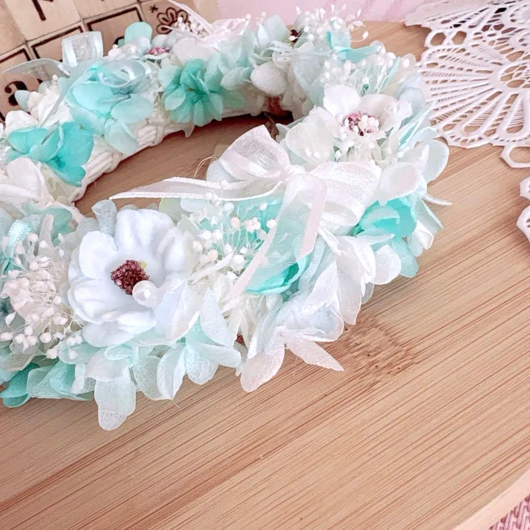 No105 ティファニー＆ホワイト♡プリザーブドフラワーあじさいたっぷりリース