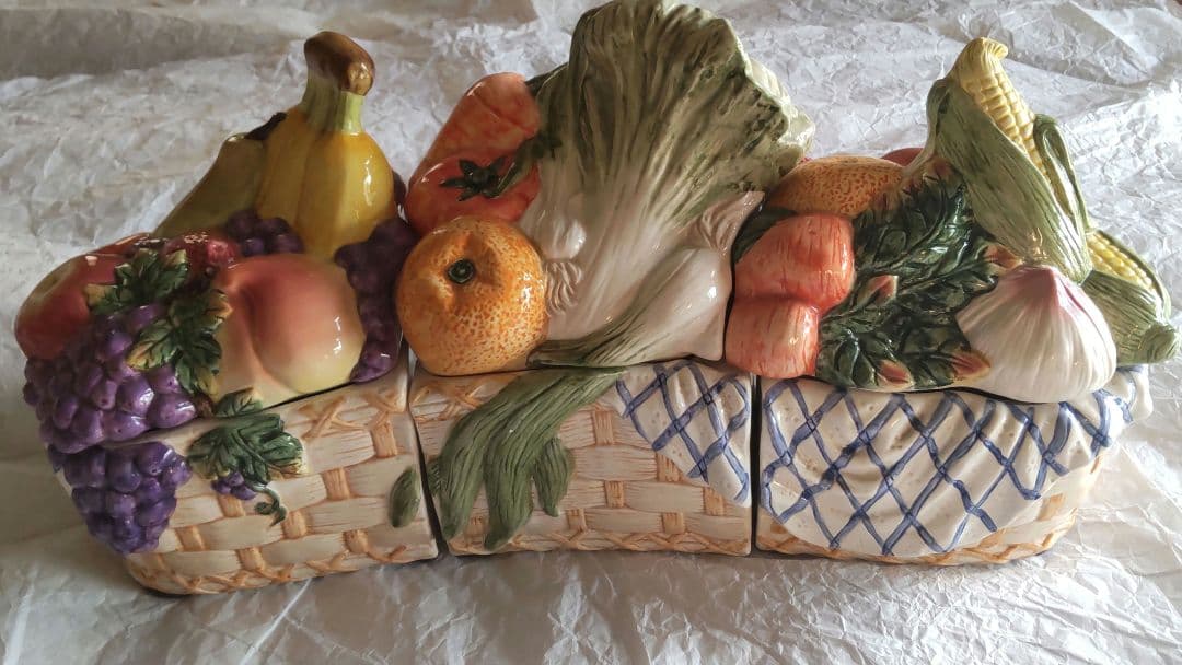 フルーツ キャニスター 陶器 3連 アンティーク レトロ イタリア 保存容器