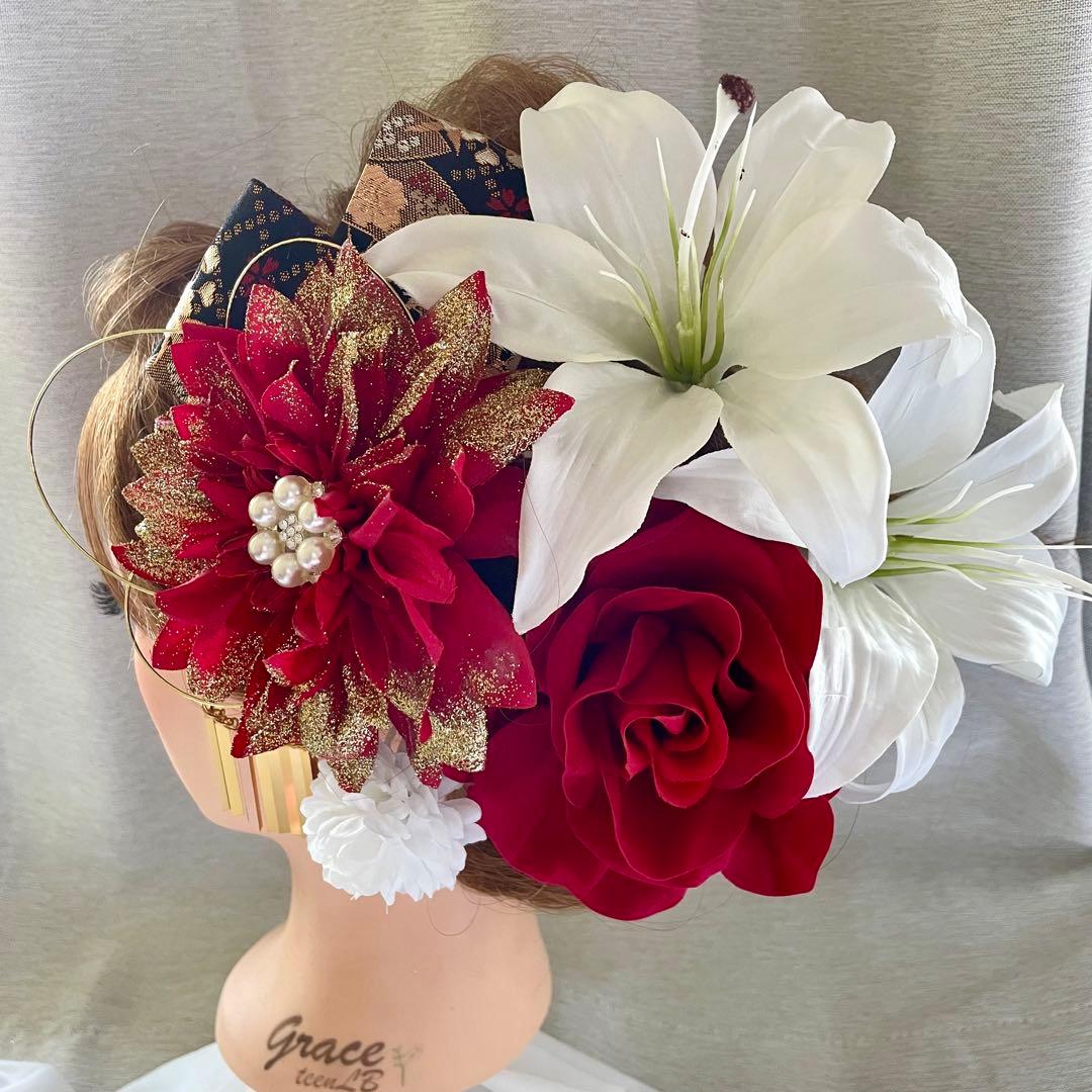 赤白　和装髪飾り　成人式髪飾り　着物髪飾り　振袖髪飾り　結婚式髪飾り　花嫁髪飾り