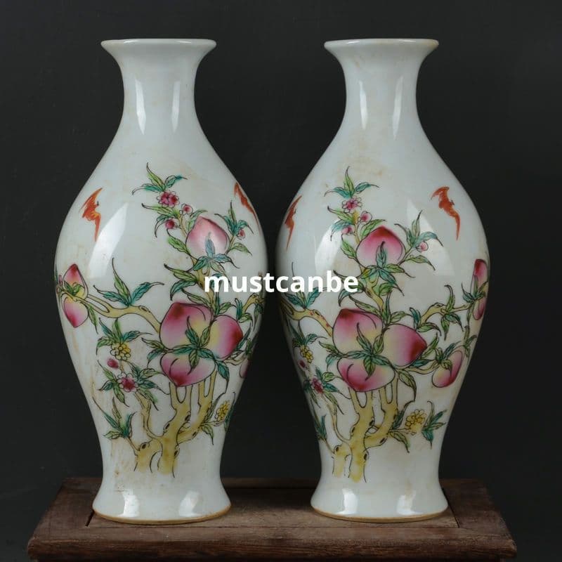 清乾隆粉彩九桃橄欖瓶花瓶 景徳鎮 陶磁器 装飾品 現代工芸品 美術品 置物