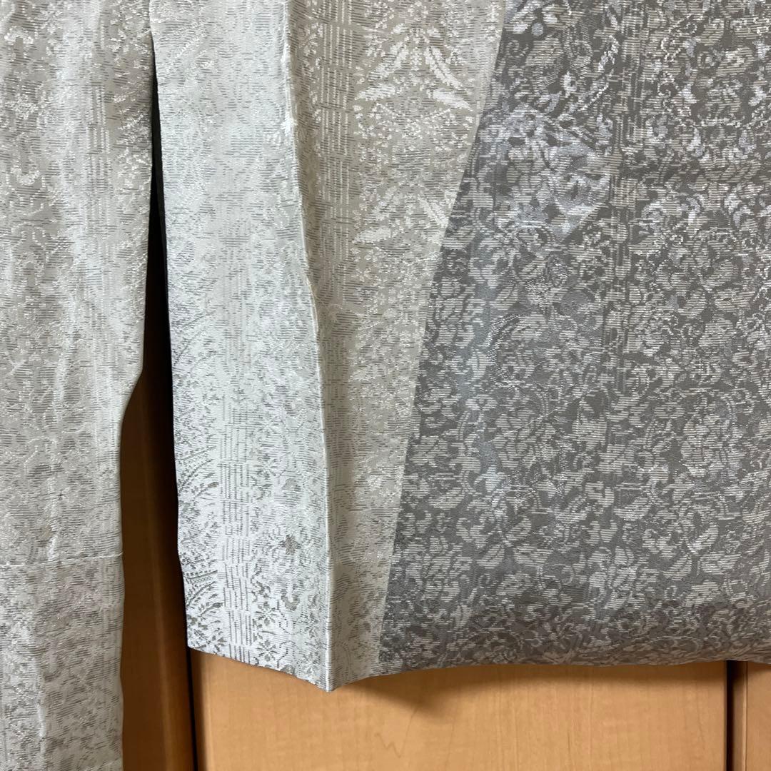 丹波縮緬　小紋 着物 ダークグレー 葉柄刺繍　長襦袢（着物と同サイズ）　セット