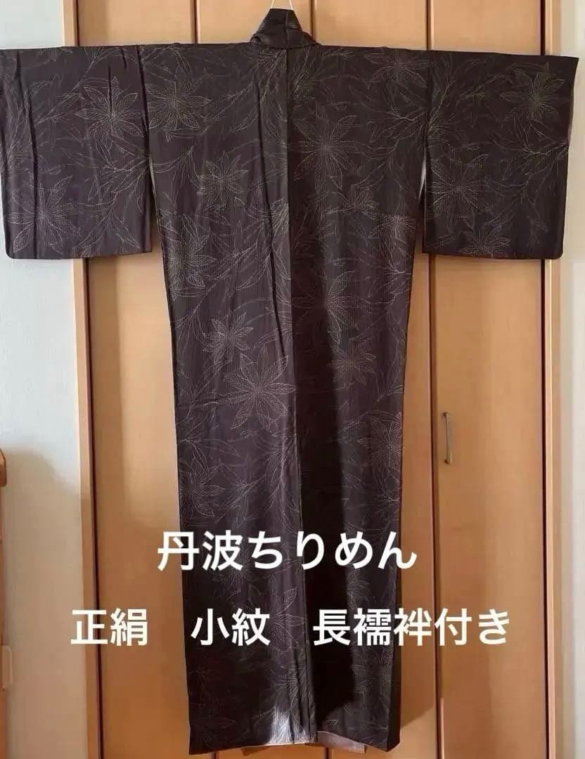 丹波縮緬　小紋 着物 ダークグレー 葉柄刺繍　長襦袢（着物と同サイズ）　セット