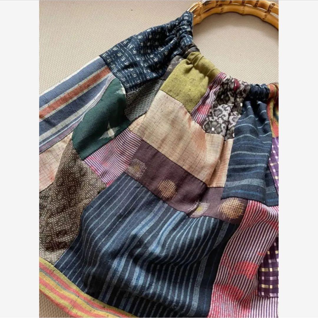 【一点もの】アンティーク和布と竹ハンドルのパッチワークグラニーバッグ