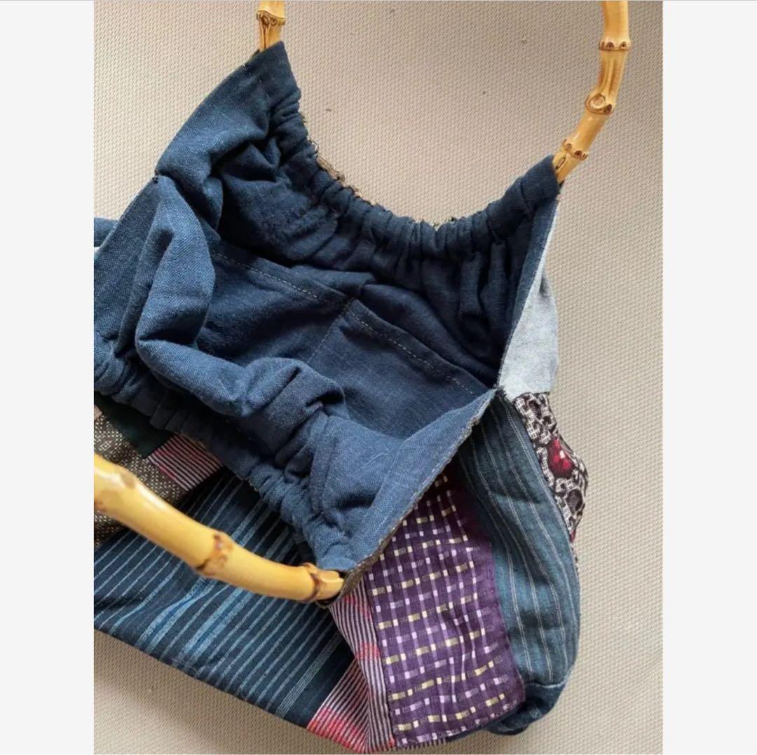 【一点もの】アンティーク和布と竹ハンドルのパッチワークグラニーバッグ