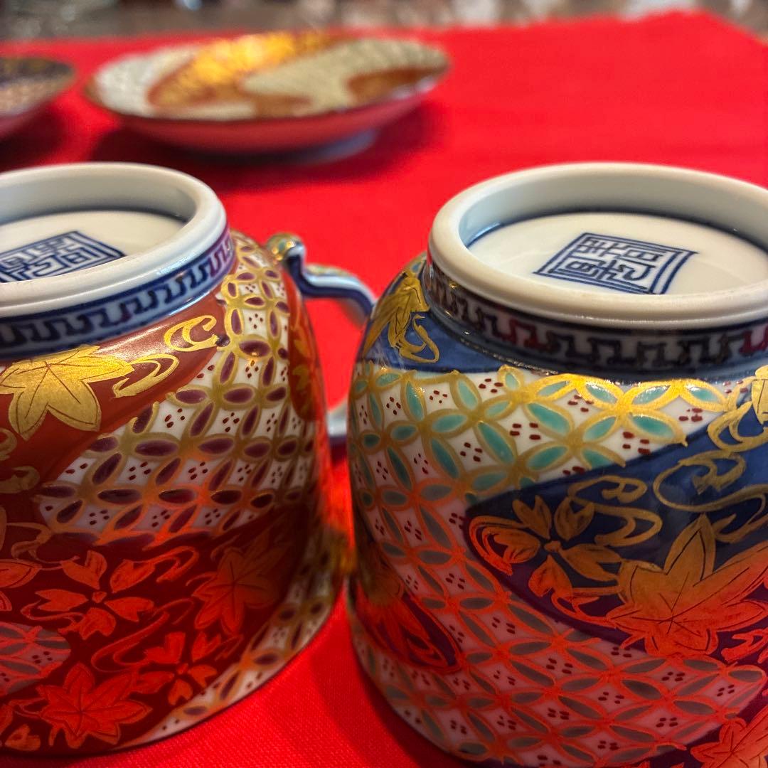 [希少品￼]清水焼 伊藤春晃 春晃窯　金彩桜紅葉三色金七宝紋カップ&ソーサー2客