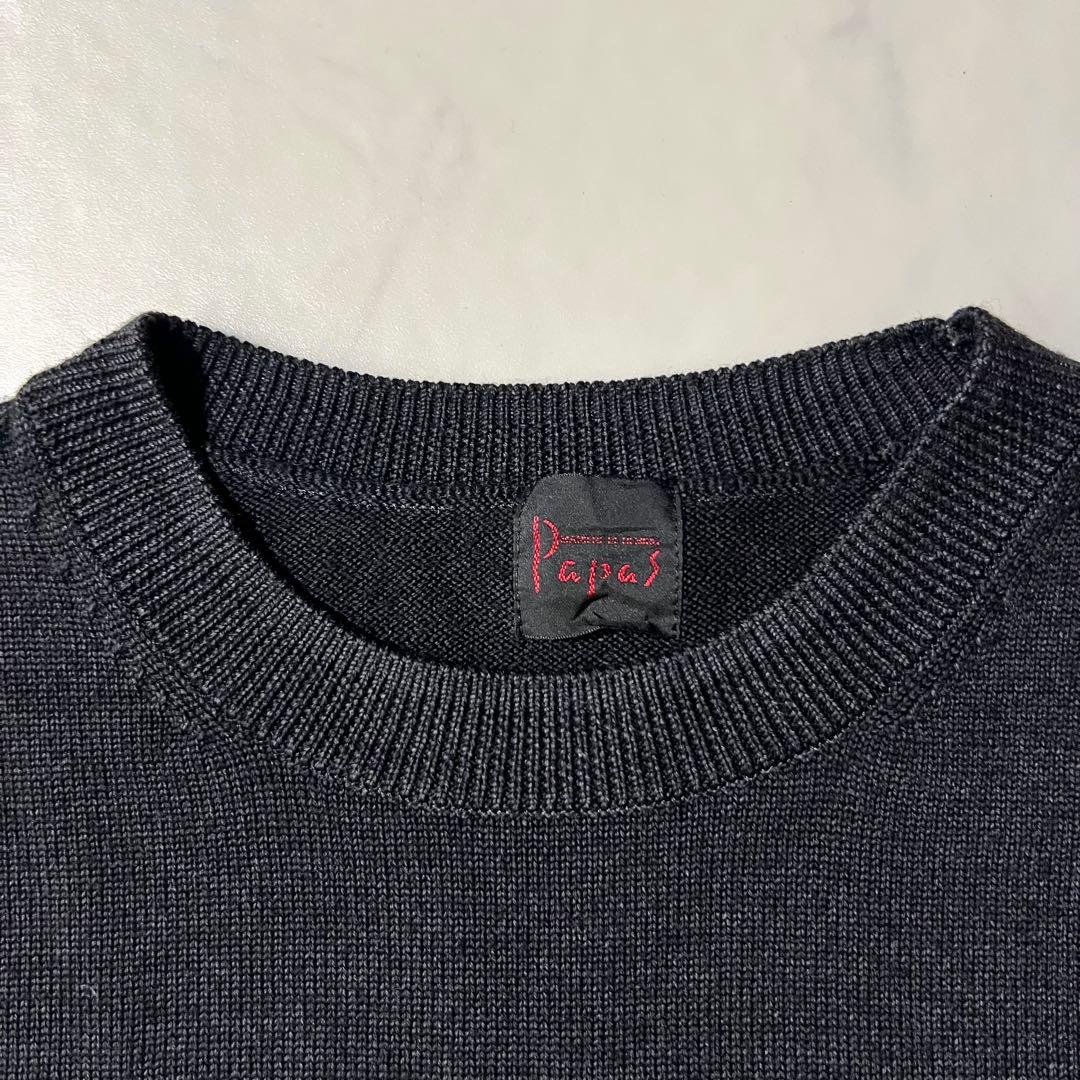 美品パパス 2024年製 ニット 刺繍ロゴ クマ ウール チャコールグレー48