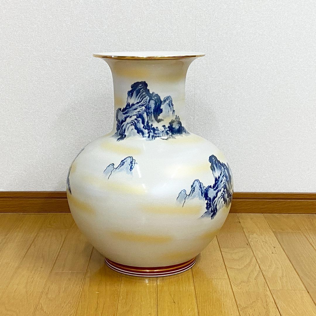 希少 九谷焼 陶勝作 大花瓶 山水風景図 金彩 大壺