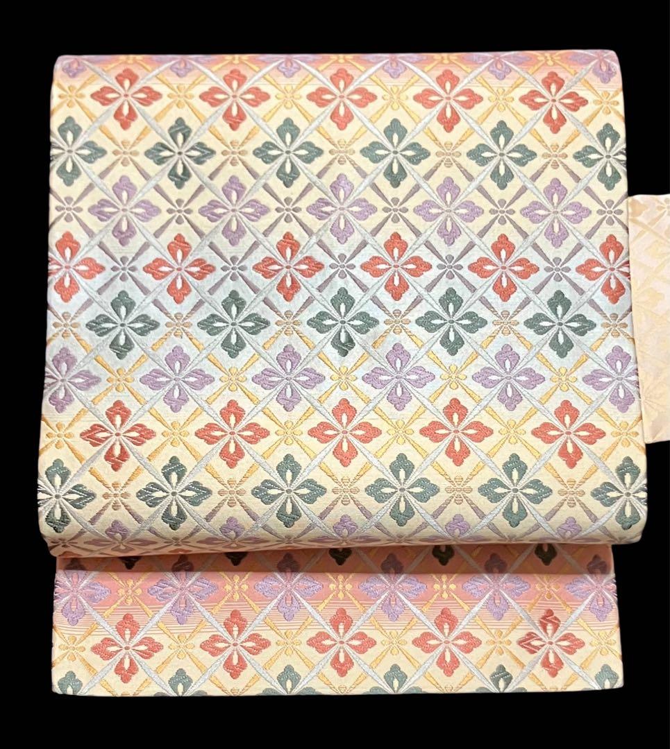 九寸名古屋帯 正絹 唐織 花菱 横段 未使用 イ6346