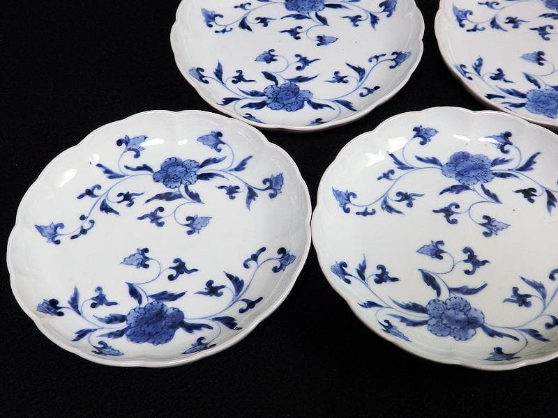 古伊万里　染付　花唐草の図　５寸半皿　４枚　江戸期　D940AS-fbap