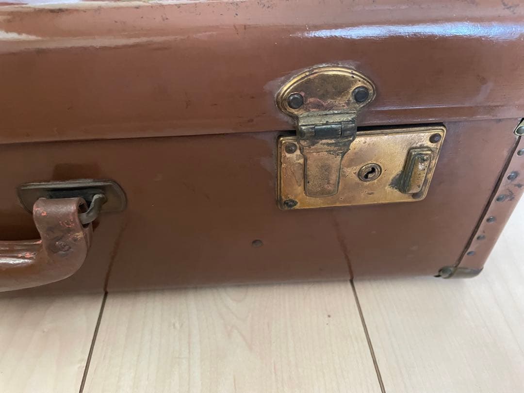 昭和レトロ ヴィンテージ トランク 本革調 内装ブルー 古道具