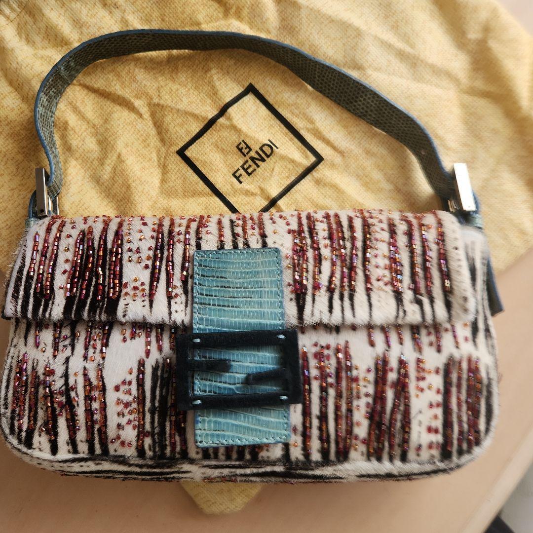 レア FENDIハラコ ビーズ装飾 パイソンショルダー バケットバッグ