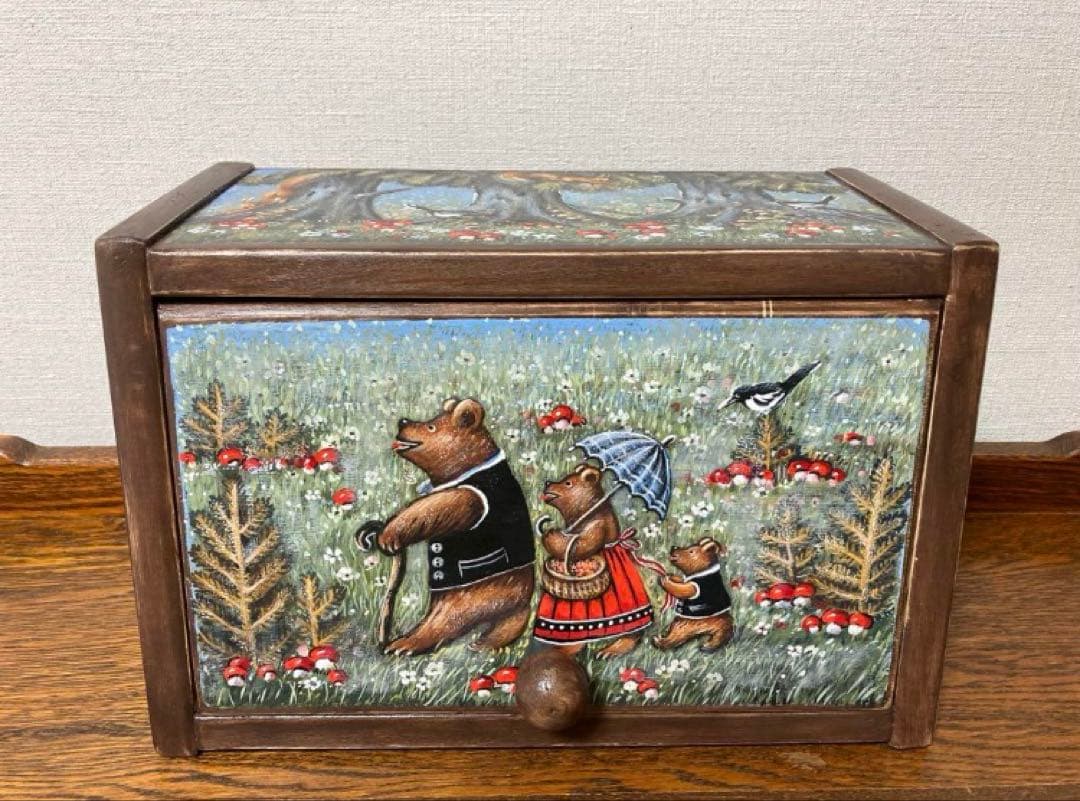 ＊訳ありロシア民話『3匹の熊&白腹カササギ&ウサギの家』木製収納箱マトリョーシカ