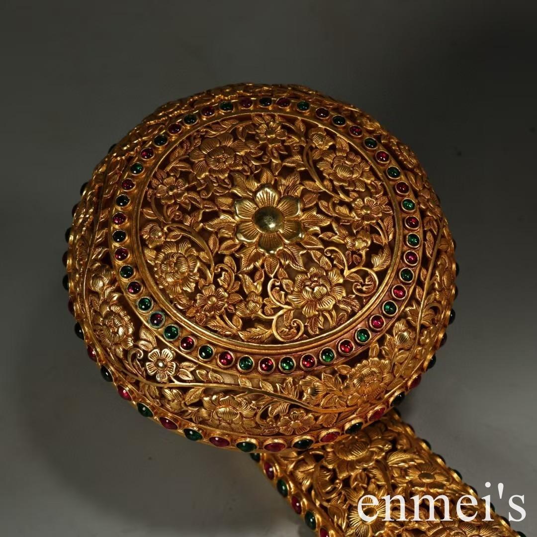 中国古美術・旧蔵福寿花紋「万事如意」置物・純銅製・透彫鏨刻鎏金・純手作り・文房具