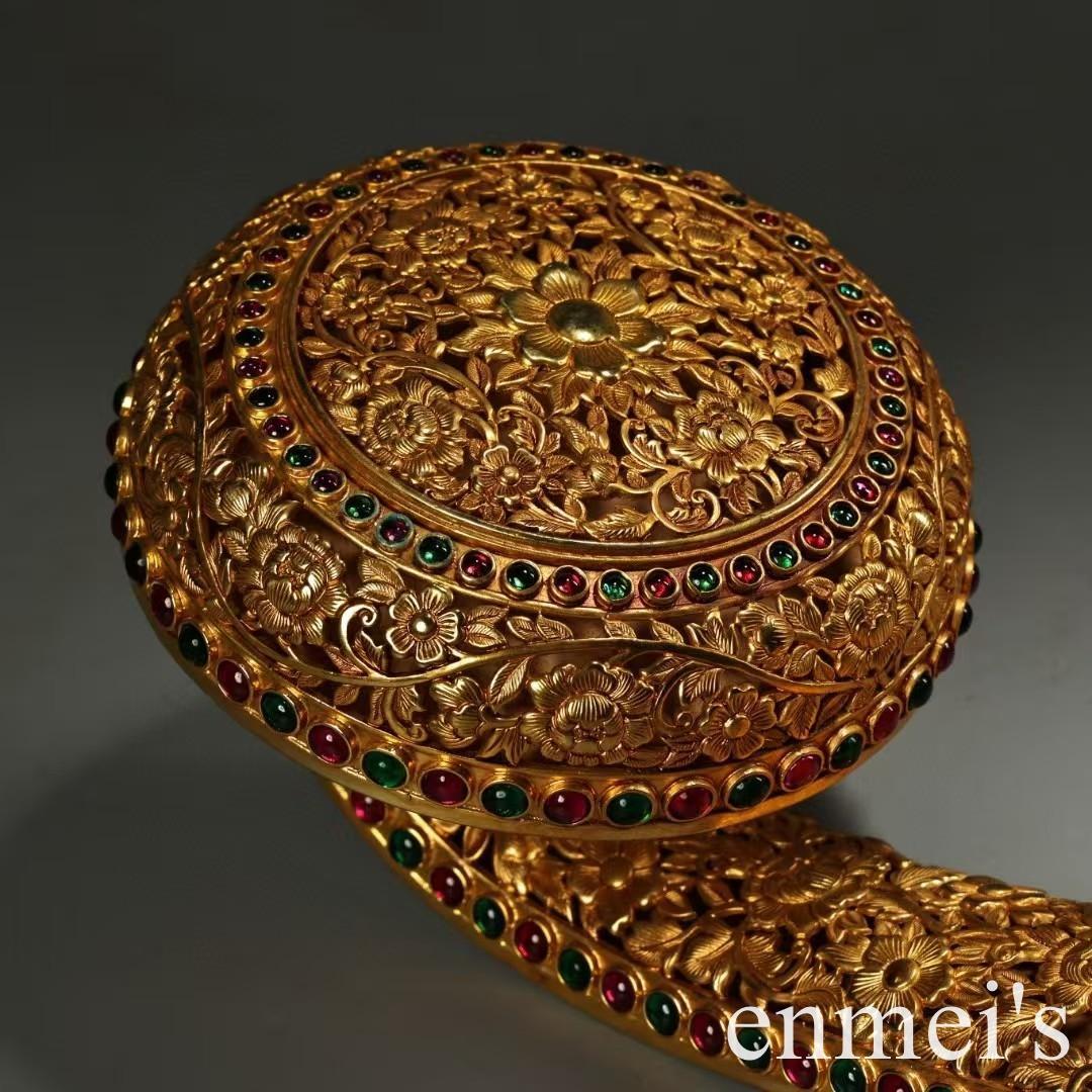 中国古美術・旧蔵福寿花紋「万事如意」置物・純銅製・透彫鏨刻鎏金・純手作り・文房具