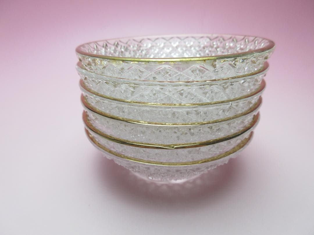 江戸ガラス ギヤマン 金縁 花魚子模様 小鉢 盃 6客 70307