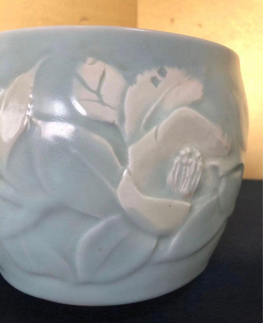 《R》妙高焼 青磁 椿文 水指 高井進 歴書 共布 共箱　260128く2