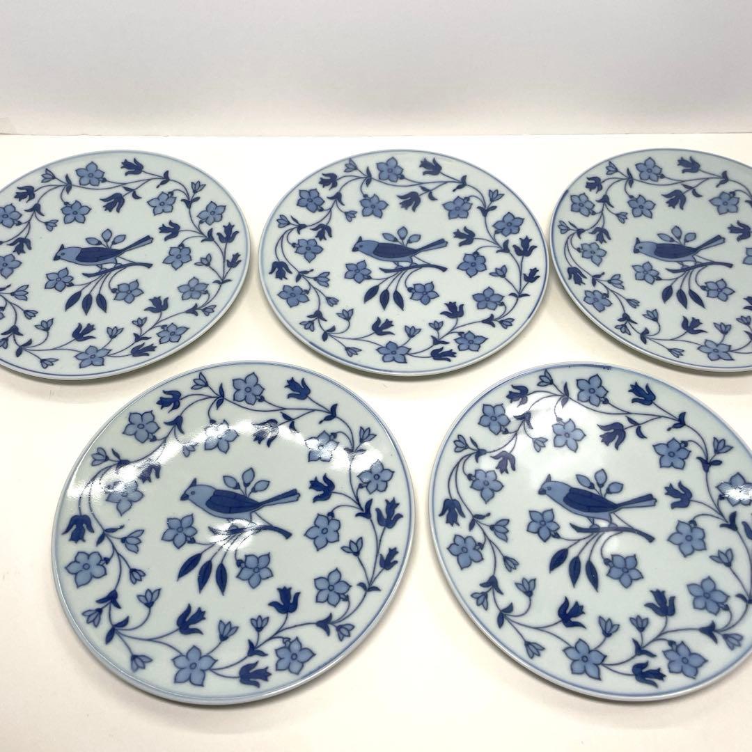 【貴古窯】青い鳥と花模様の皿セット 5枚