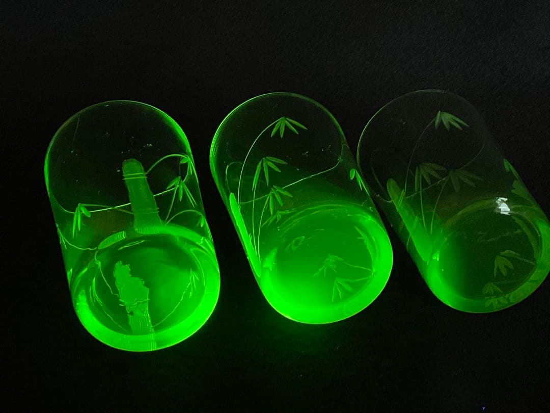 アンティーク　ウランガラス　大正期　コップ　グラス　竹之図　すりガラス　3客