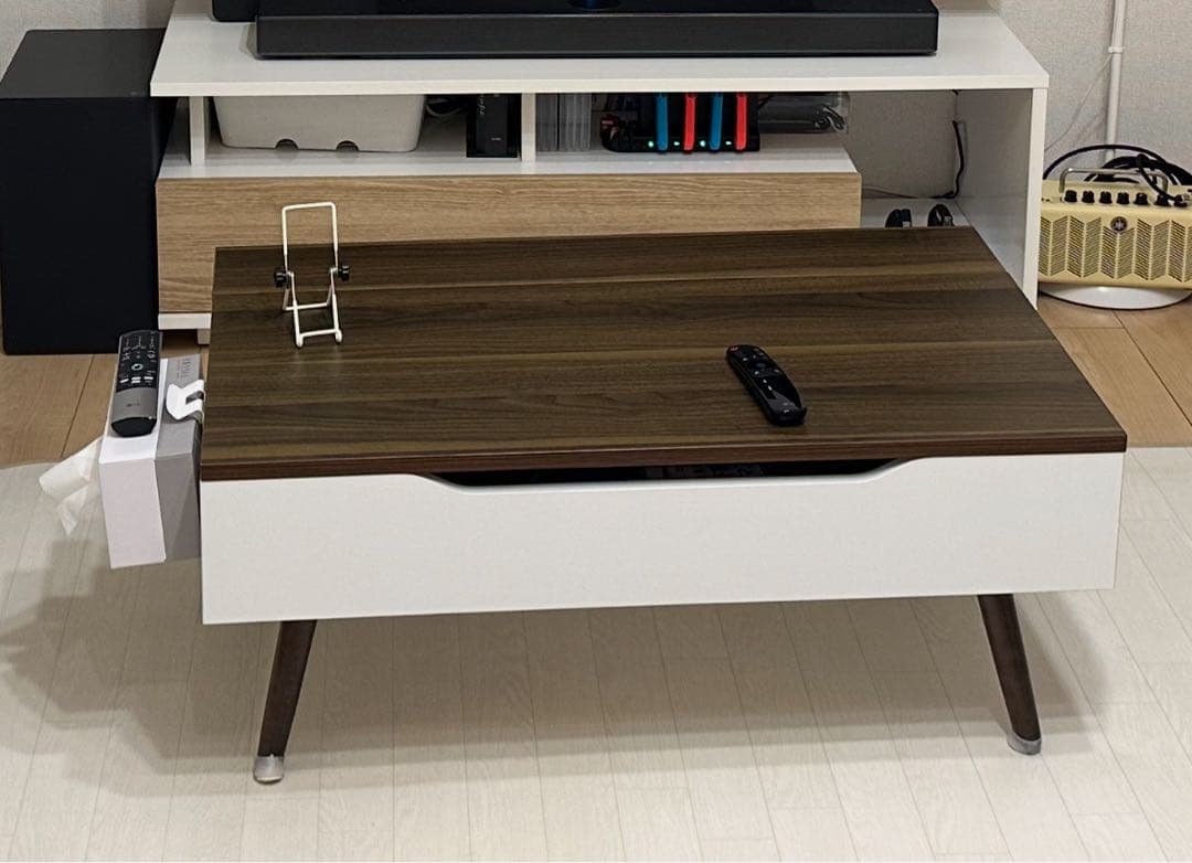 昇降式テーブル コンパクト 収納付き木目調センターテーブル