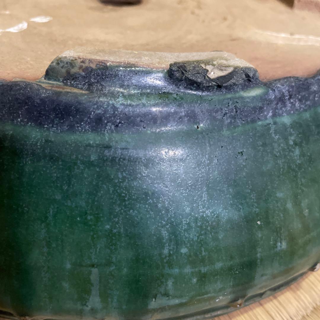 【落款あり】秀峰 鋲打外縁丸太鼓鉢 緑釉 盆栽鉢 丸型鉢 24cm