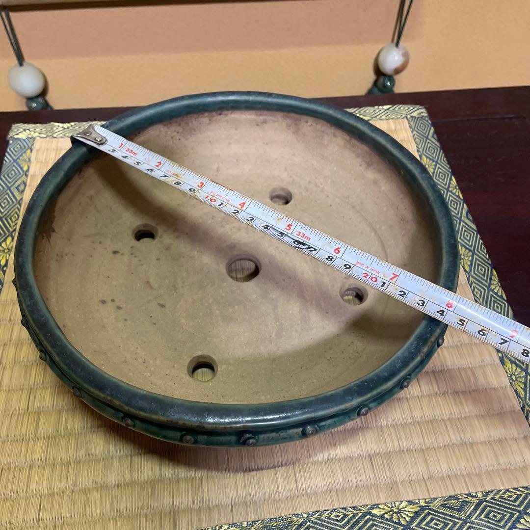 【落款あり】秀峰 鋲打外縁丸太鼓鉢 緑釉 盆栽鉢 丸型鉢 24cm