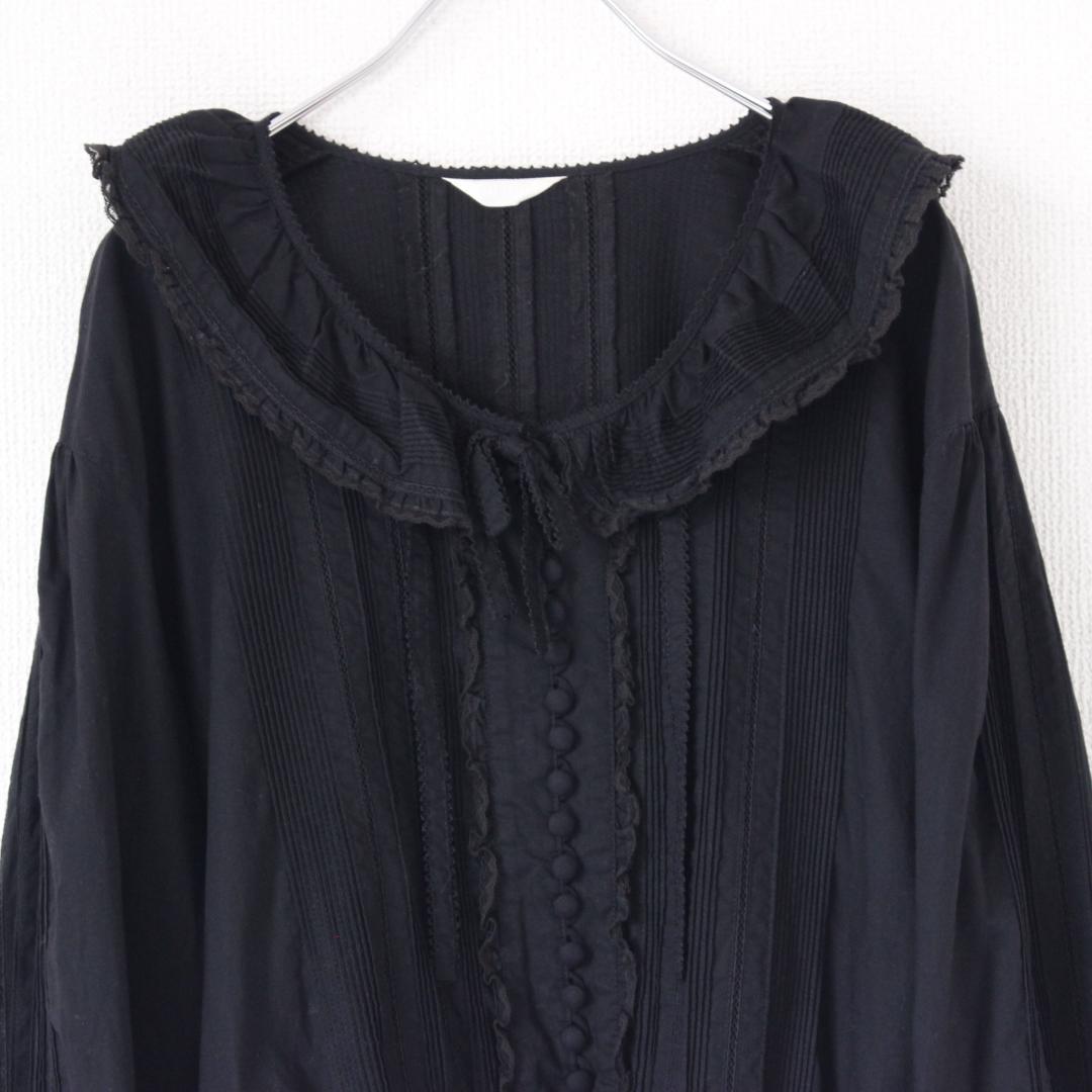 PINKHOUSE 長袖ブラウス Fサイズ ブラック リボン ピコフリル レース