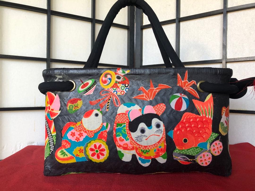 一閑張り　一閑張りバック　 犬張子 狛犬　古布沢山　可愛い　 少し大きめ