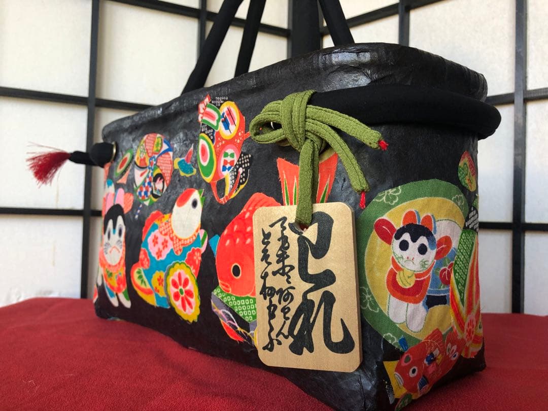 一閑張り　一閑張りバック　 犬張子 狛犬　古布沢山　可愛い　 少し大きめ