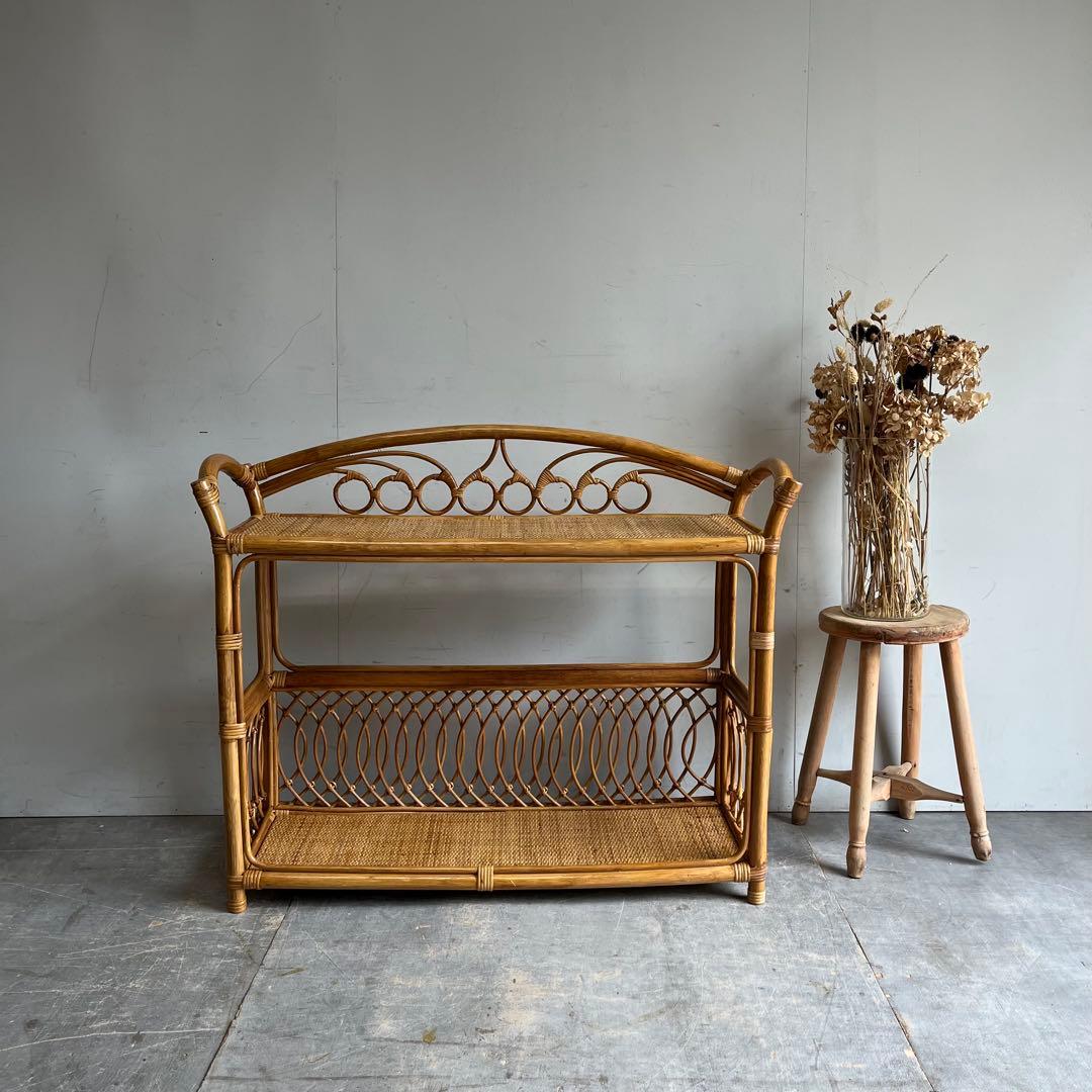 ヴィンテージ ラタン 籐 飾り棚 オープンラック チェスト 昭和レトロ z608