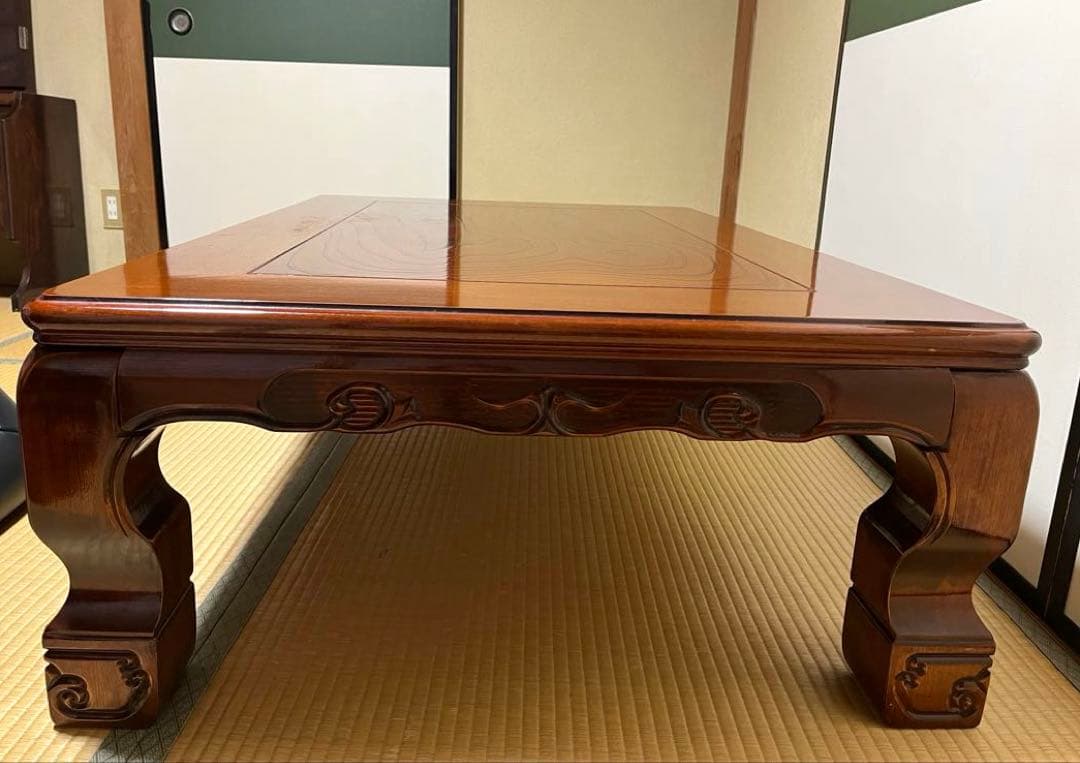 【美品】高級座卓 和机 120cm 天然木 彫刻脚 欅（けやき）調
