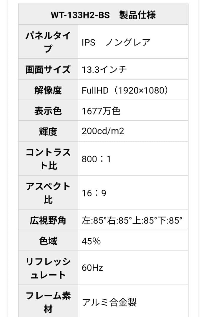 WINTEN WT-133H2-BS モバイルモニター 13.3インチ