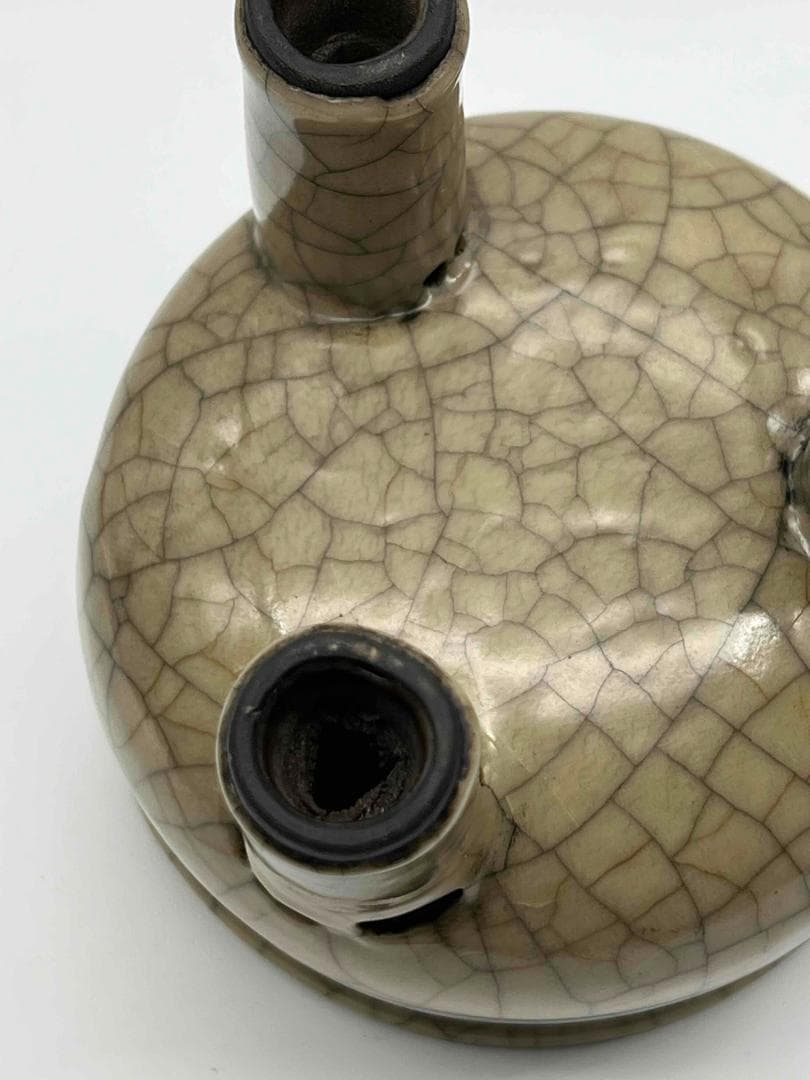 宋時代　青磁　汝官窯包金氷裂紋 支釘焼き 双耳三足香炉(C-81)