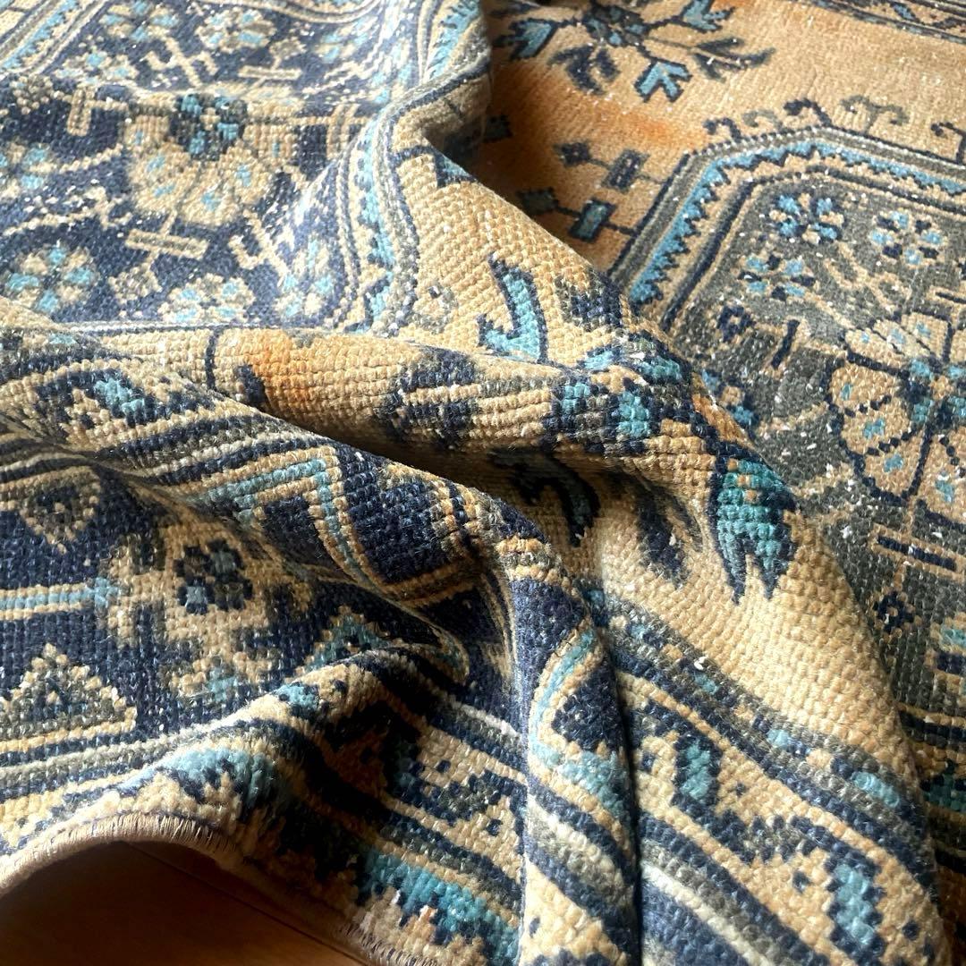 超特大140×366 くすみイエローベージュ　ボタニカル　トルコヴィンテージラグ