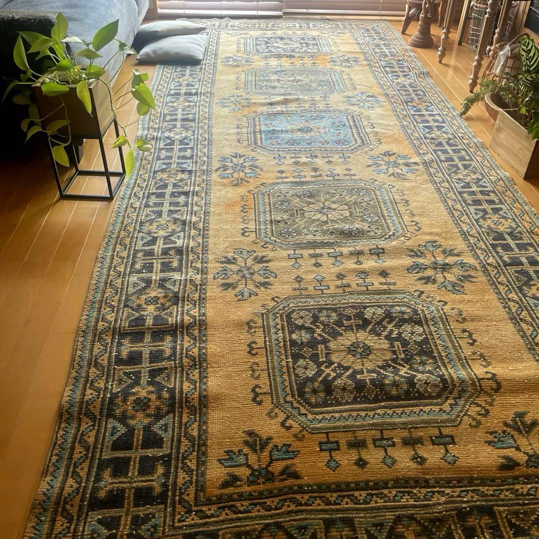 超特大140×366 くすみイエローベージュ　ボタニカル　トルコヴィンテージラグ
